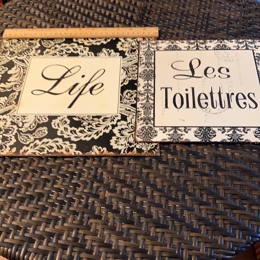 Metal signs, similar background, black & off white with cool patina